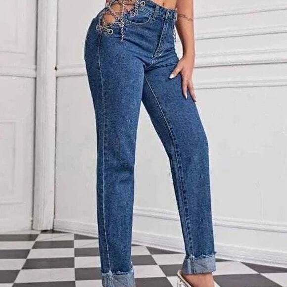 SHEIN High Waisted Chain Lace Up Jeans sz L mom jeans baggy denim - Picture 2 of 7